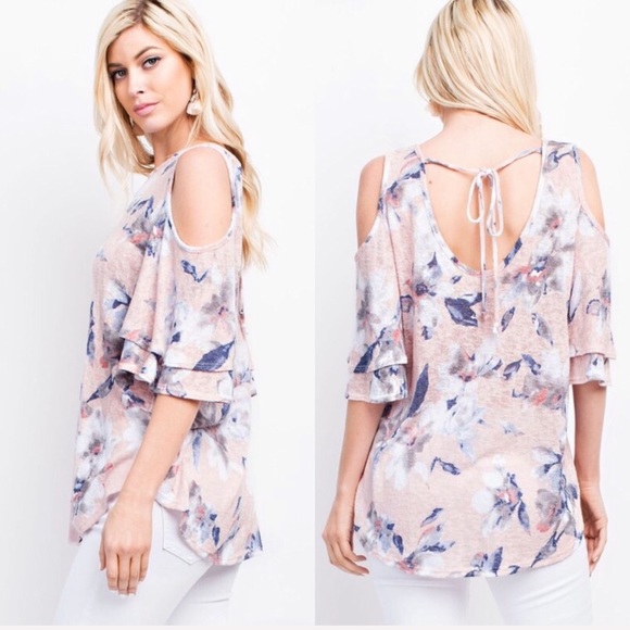LAST 1! French Terry Floral Cold Shoulder Top - Picture 3 of 8